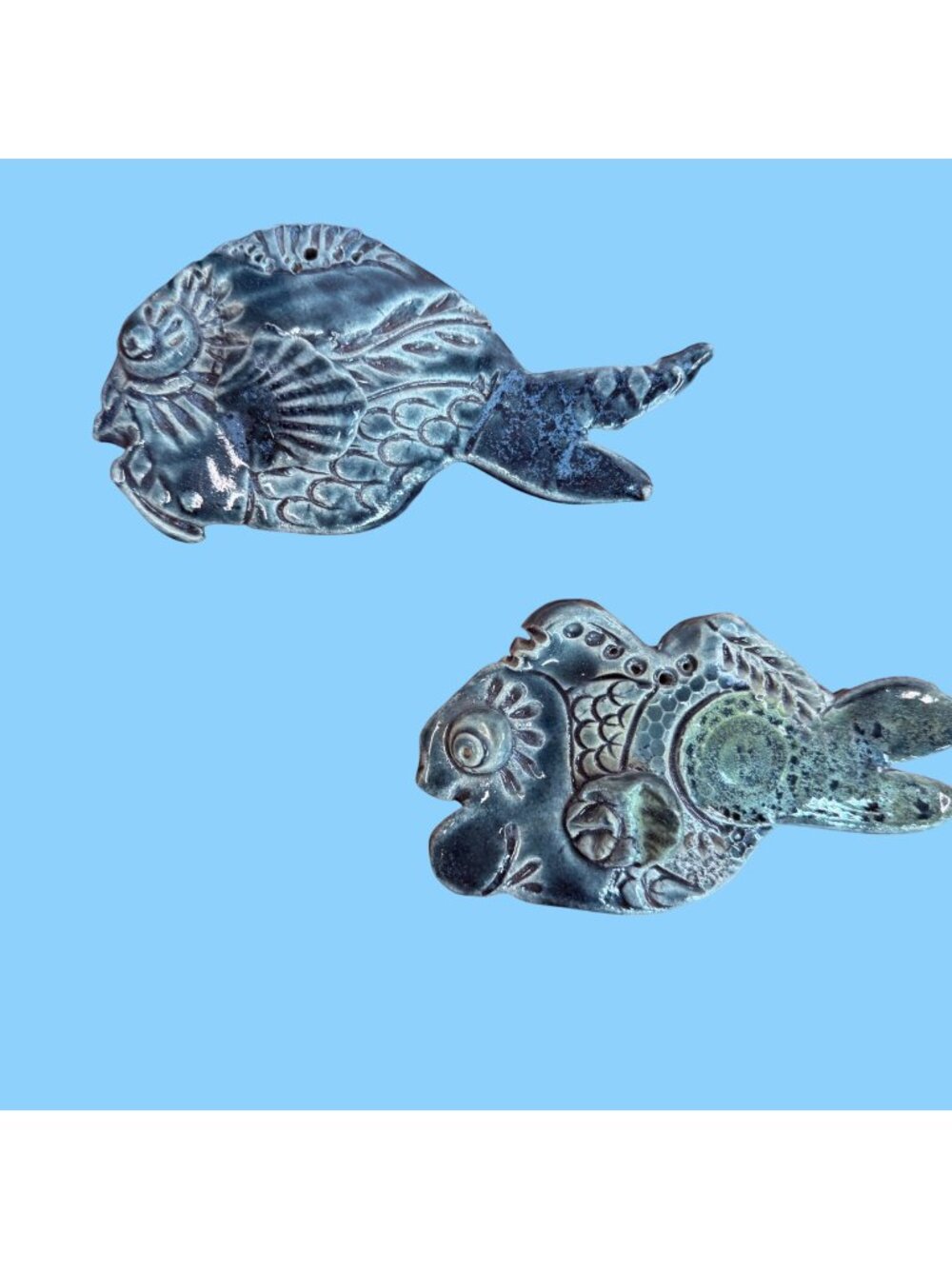 Handcrafted Ceramic Fish Wall Art Set - Blue Glaze Decorative Tiles - Coastal Oc